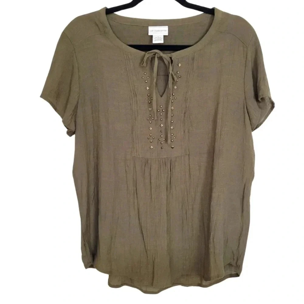 Liz Claiborne Olive Ruffle Sleeve Split Neck With Ties Women's Top Size Large